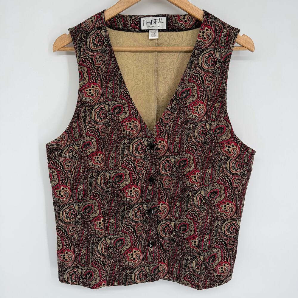 Vintage‎ Mary McFadden Vest Women’s Medium Paisley Floral Brown & Red Classic